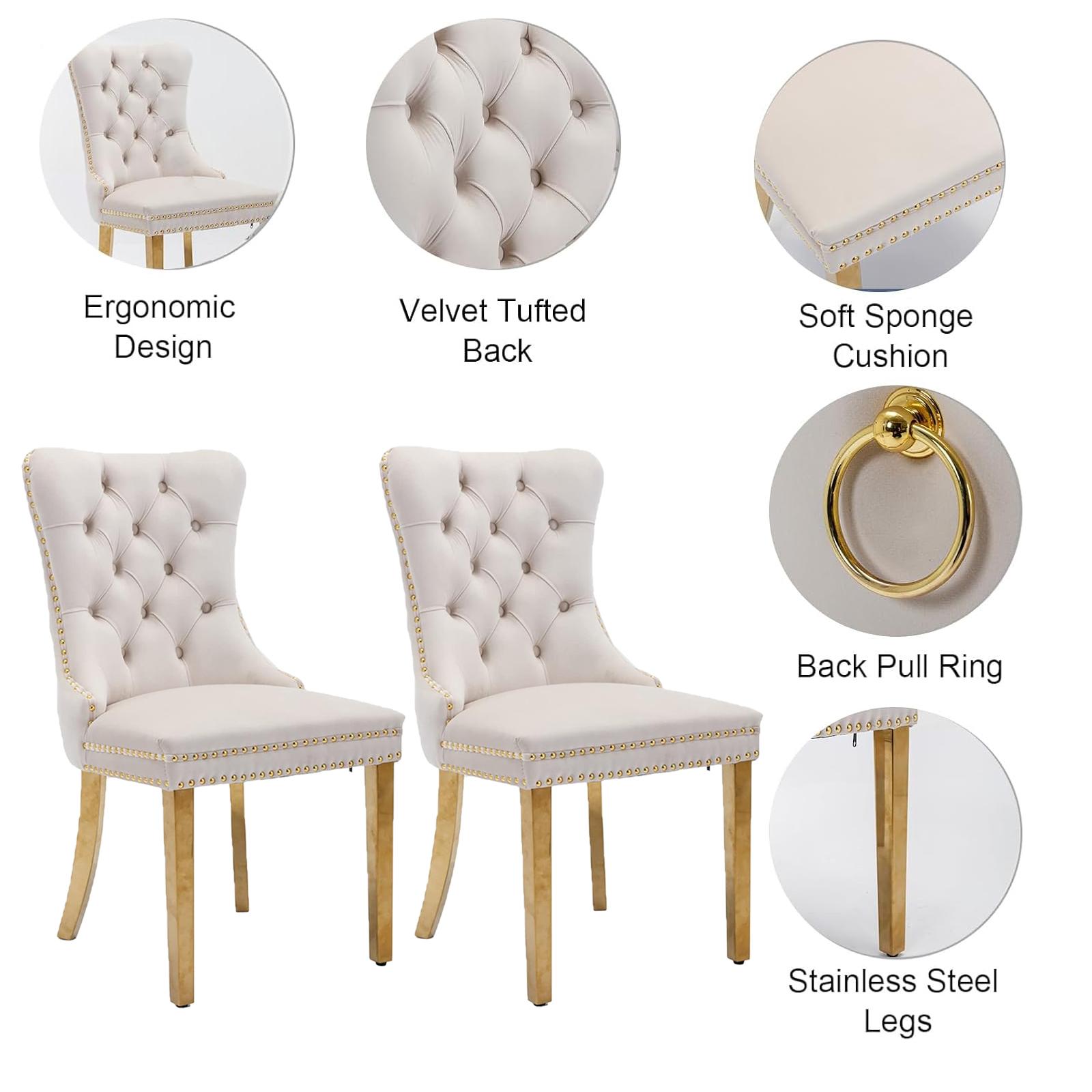 Dining Table Set for 6,Kitchen Table Chairs Set of 6,Modern Rectangular Dining Room Set 63" White Tempered Glass Top with Adjustable Stainless Steel Base,Velvet Upholstered Chairs,Golden Stainless Steel Plating Legs,Suitable for Dining Room,Office,Kitchen
