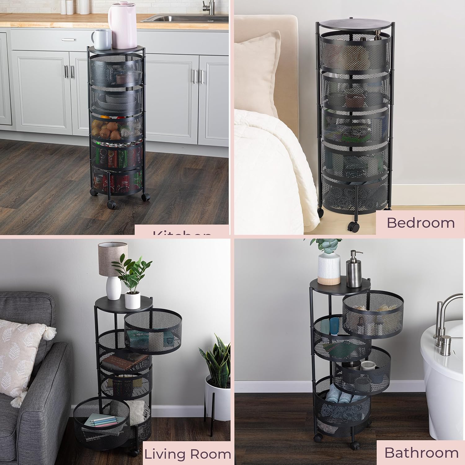 1 Rotatable Multi-Layer Circular Storage Rack, Floor-Standing Rotating Vegetable Basket Organizer, Multi-Layer Rotating Rack for Miscellaneous Items and Fruits, Practical Storage Shelf, Multifunctional Organizer, Metal Basket Rack with Wheels (Black) 1 Rotatable Multi-Layer Circular Storage Rack, Floor-Standing Rotating Vegetable Basket Organizer, Multi-Layer Rotating Rack for Miscellaneous Items and Fruits, Practical Storage Shelf, Multifunctional Organizer, Metal Basket Rack with Wheels (Black)
