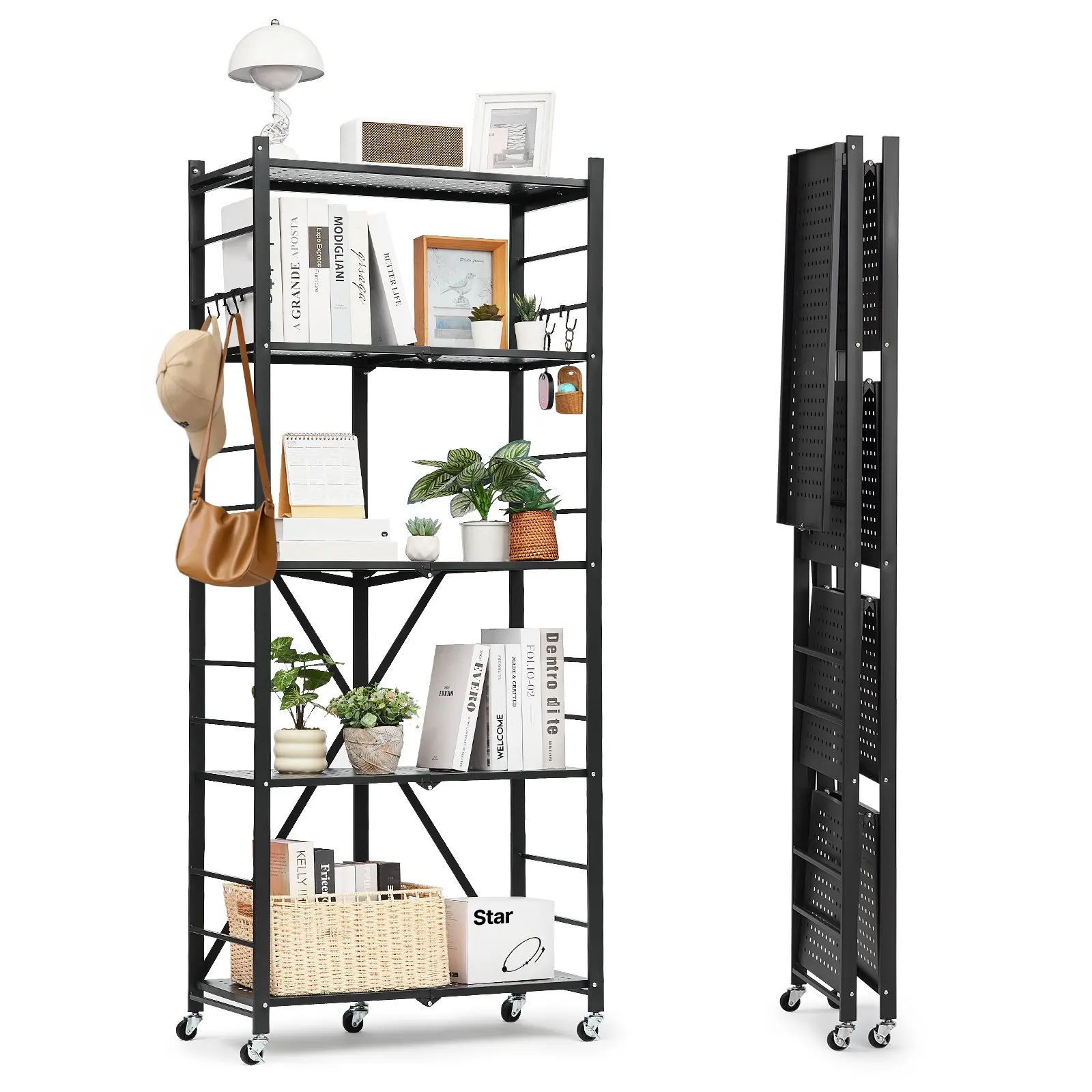 【Summerfinds】VEVOR 5-Layer Carbon Steel Display Shelf, 28Wx13Dx66H in Folding Steel Rack, No-Assembly Organizer with 5 Wheels, 4 Hanging Hooks, 200lbs Max Load Capacity for Living Rooms, Kitchens, Stores