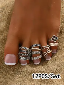 Boho Style Hollow Out & Flowers & Braid & Geometric Design Toe Rings, Summer Trendy All-match & Exquisite Jewelry for Party, Daily Clothing Decor, Accessories for Feet