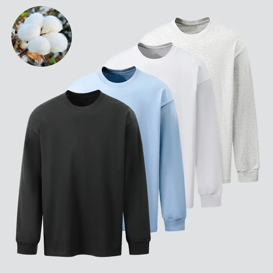 Heavyweight pure cotton solid-color crew neck long-sleeve base layer top, loose drop-shoulder basic shirt, versatile men’s casual long-sleeve T-shirt available in multiple colors