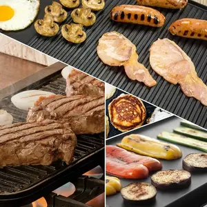 Cast Iron Reversible Grill/Griddle Set with Press, Scraper & Mitts - Pre-Seasoned, Non-Stick - 16.75" x 9.5" - Gas Stove, Grill, Camping