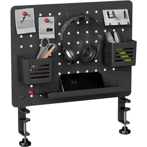 Clamp- Desk Pegboard, Desk Organizer for Office Gaming ,  Metal Peg Board with 10 Accessories,  Panel for Office, 16.5" x 12.6", Medium, Black