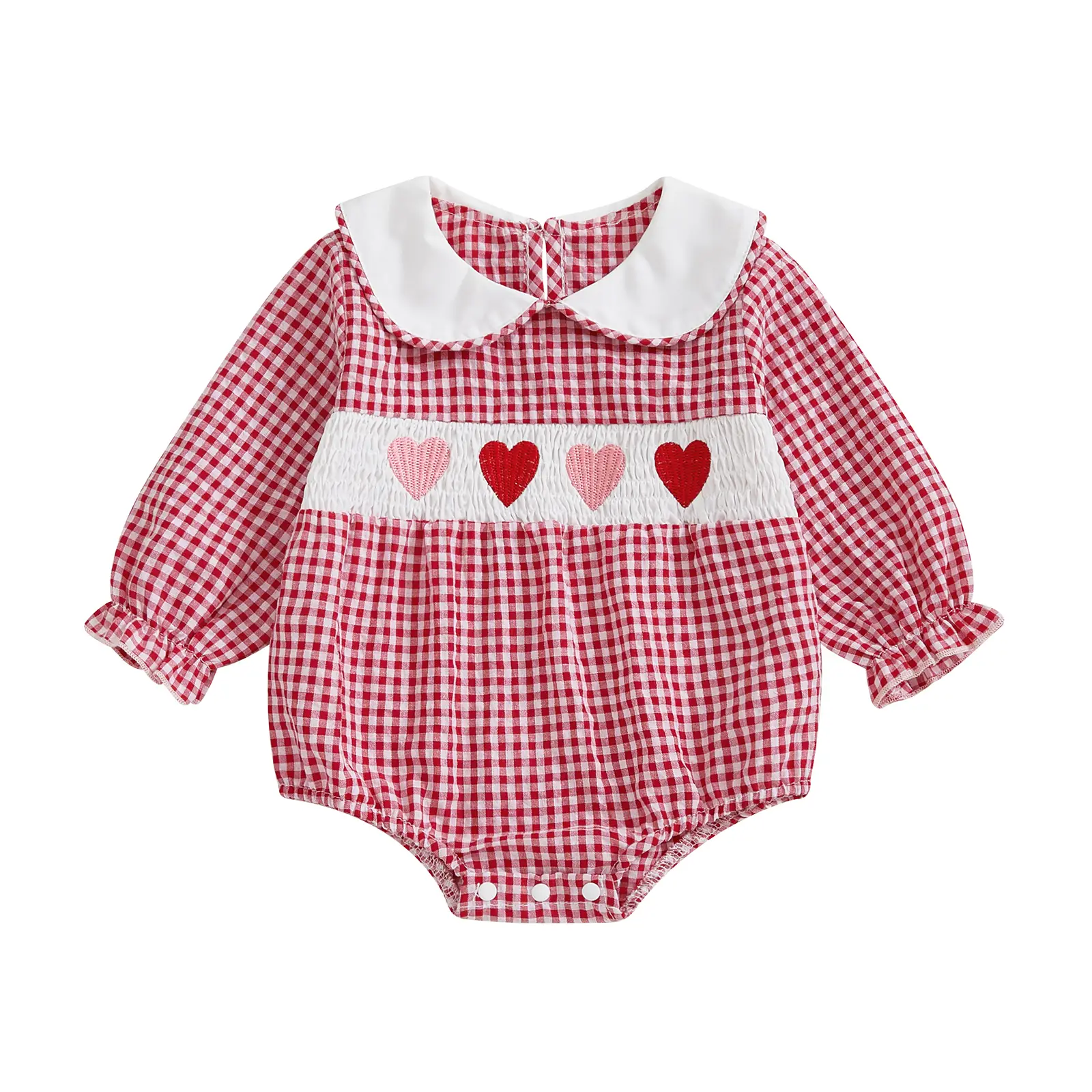 Newborn Baby Girls Valentines day Clothes Long Sleeve Doll Collar Smocked Heart Embroidery Plaid Bubble Romper Outfit
