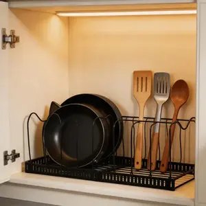 Pot, bowl, and pitcher storage rack; under-cabinet storage shelf; expandable pot lid organizer with 10 adjustable dividers; suitable for a kitchen cookware storage system within cabinets.