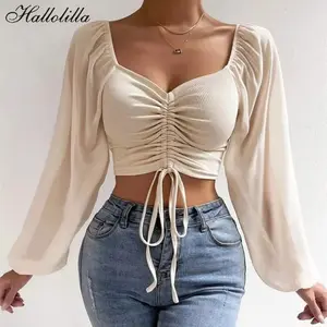 Chic V-Neck Drawstring Crop Blouse