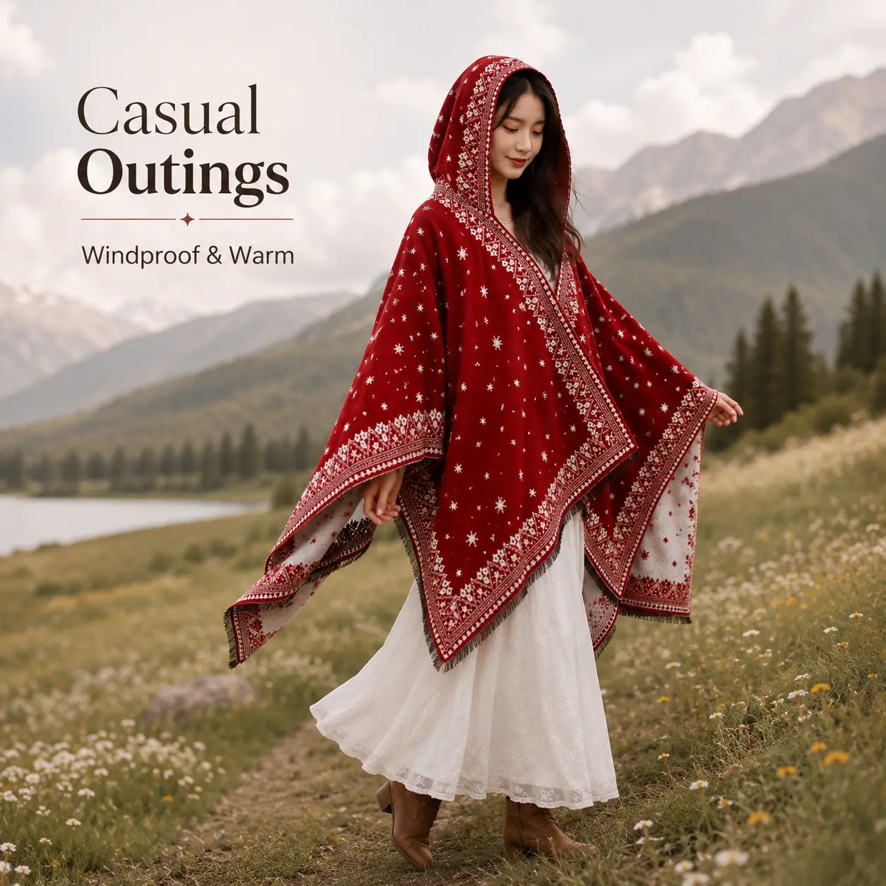 Women's Boho Style Bohemian Printed Shawl Cape - Retro Red Polyester Thermal Windproof Poncho, Multipurpose for Casual Outings, Christmas Gift Idea, Boho Style Shawl