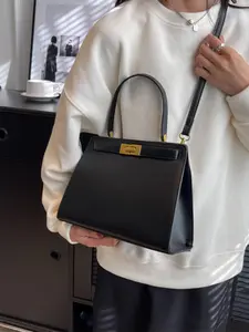 Luxury Structured Crossbody Bag, Women's Lock Top Handle Satchel, Elegant Faux Leather Handbag for Everyday & Work, Casual Crossbody Bag