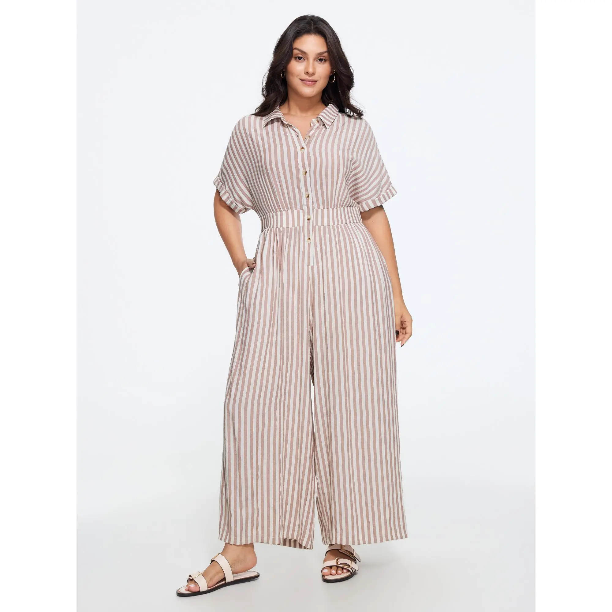 BloomChic Women's Plus Size Wide Leg Stripe Print Rayon Jumpsuit - Casual Regular Fit, Cinched Waist, Button Front, Pockets, Smooth Fabric