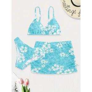 3pcs Bikinis for Teen Girls Bathing Suits Swimsuit with Cover Up Skirt Youngsters Cute Floral Print Swimwear Fashion Hawaiian Style Bathing Suit Beachwear Quick-Dry Beach Swimming Costume 13-16Years