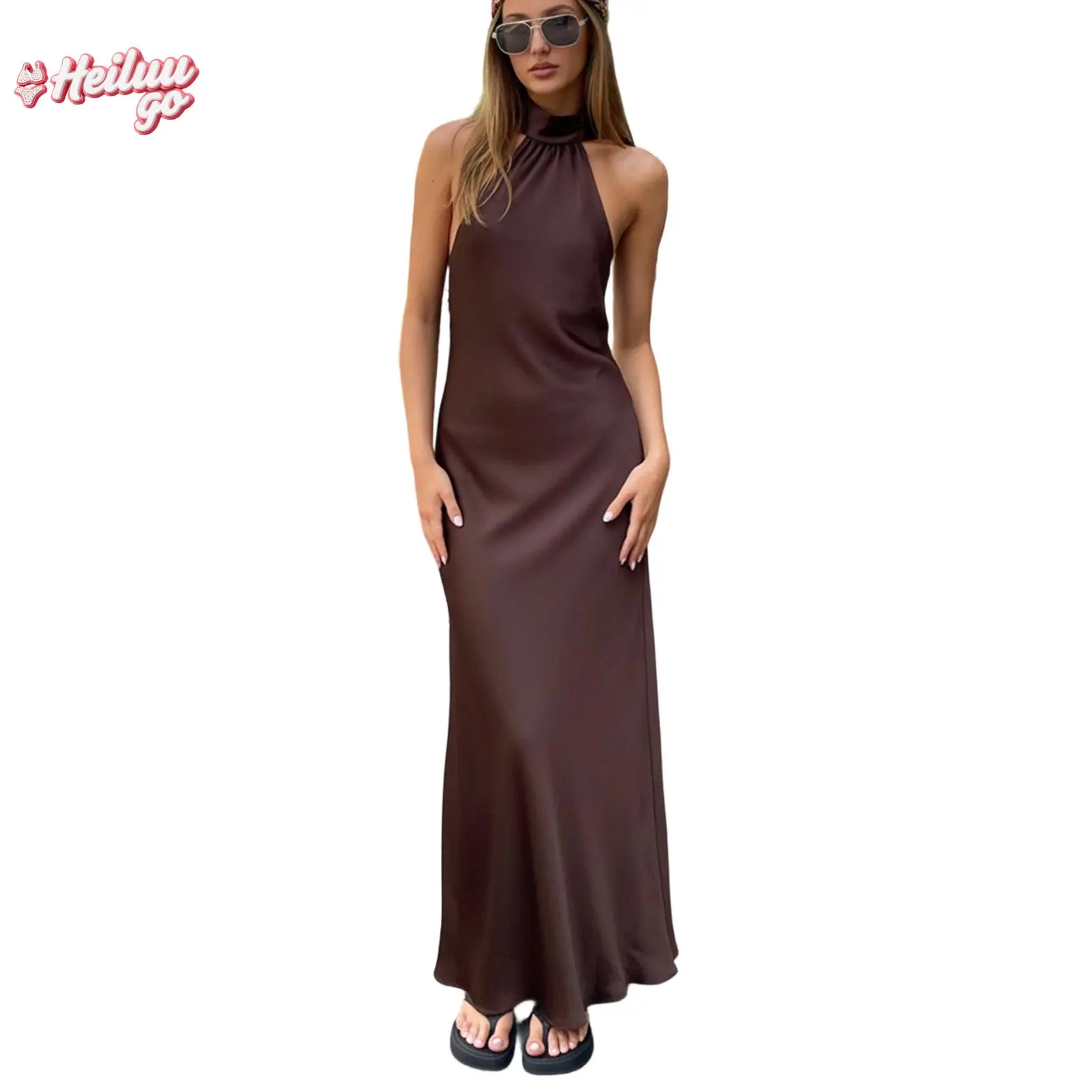 Women Satin Halter Neck Dress Solid Color Sleeveless Backless Tie-upFit Long Dress - TikTok Shop Women Satin Halter Neck Dress Solid Color Sleeveless Backless Tie-upFit Long Dress - TikTok Shop