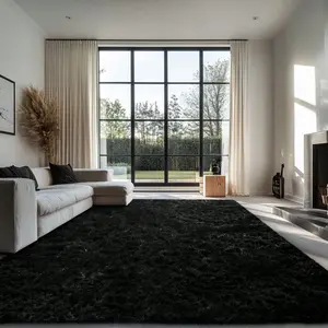 Luxury Black Fluffy Shag Rug For Living Room Bedroom, Soft Plush Silky Carpet, Large Area Rug For Dorm Home Decor, Modern Non-Slip Floor Mat Back To School Fall Decor Bathroom Kitchen Decor