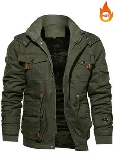 Military Jacket for Men Plus Velvet Lined - Thickened Winter Coat with Removable Hood - Casual Big Pocket Jacket Autumn Warm