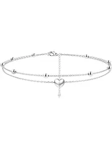 Anklet for Women 925 Sterling Silver Ankle Bracelet 18K White Gold Plated Heart Beads Layer Ankle Bracelet Ajustable Foot Ankle Bracelet Beach Jewelry
