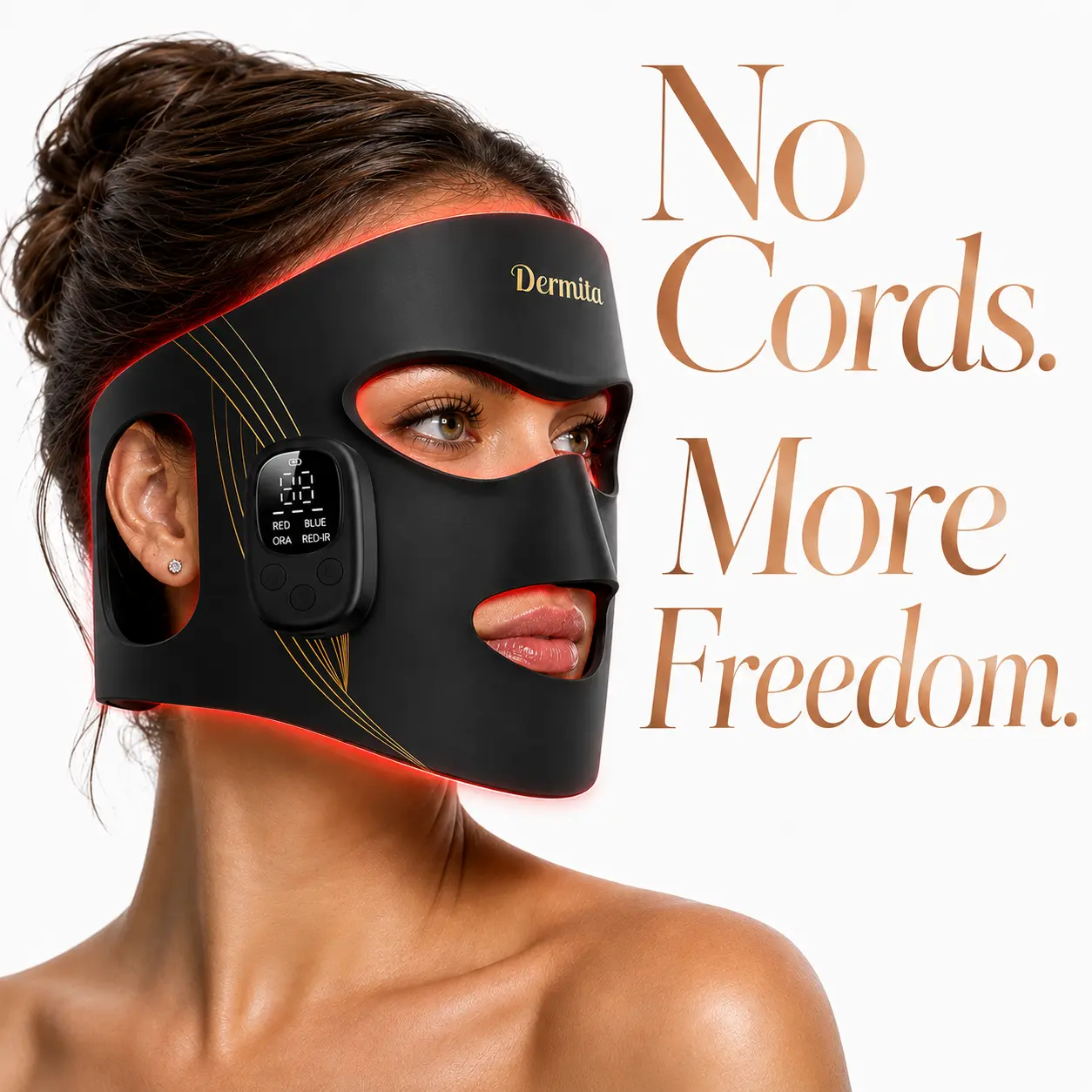 Dermita Rechargeable Ergonomic Design Wireless LED Face Mask 400 LEDs 4 Light Modes 3 Intensity Levels 2000mAh Magnetic Controller Cordless Full Face Skincare Mask For Home Travel Daily Beauty Routine