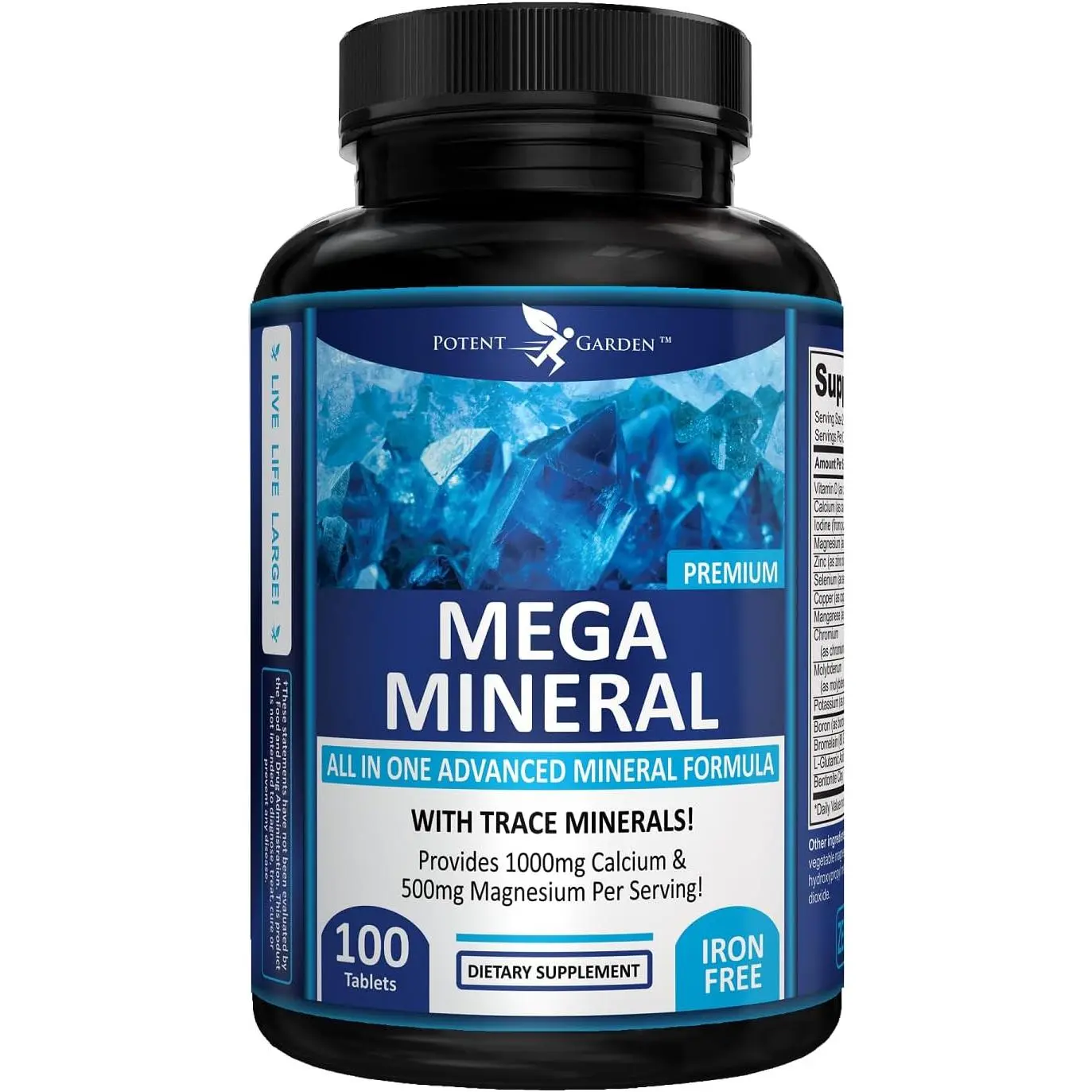Potent Garden Mega Mineral Supplement Complete Mineral Complex with Calcium Magnesium Zinc Potassium Boron Selenium Chromium & 72 Trace Minerals Iron Free Calcium Supplement -100 Pills