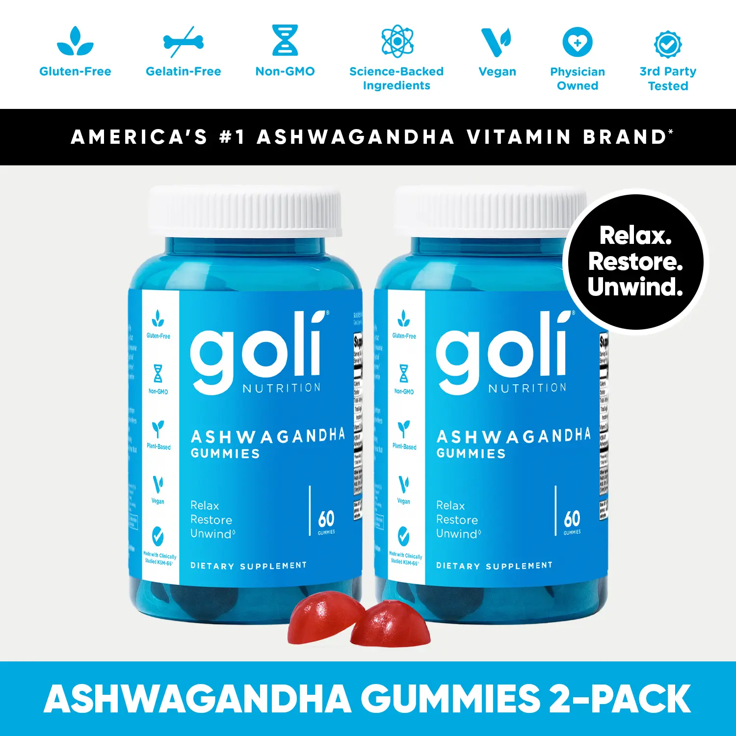 2 Bottles of Goli Ashwagandha & Vitamin D Gummy - Mixed Berry, KSM-66, Vegan, Plant Based, Non-GMO, Gluten-Free & Gelatin Free.