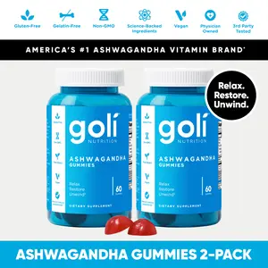 2 Bottles of Goli Ashwagandha & Vitamin D Gummy - Mixed Berry, KSM-66, Vegan, Plant Based, Non-GMO, Gluten-Free & Gelatin Free.