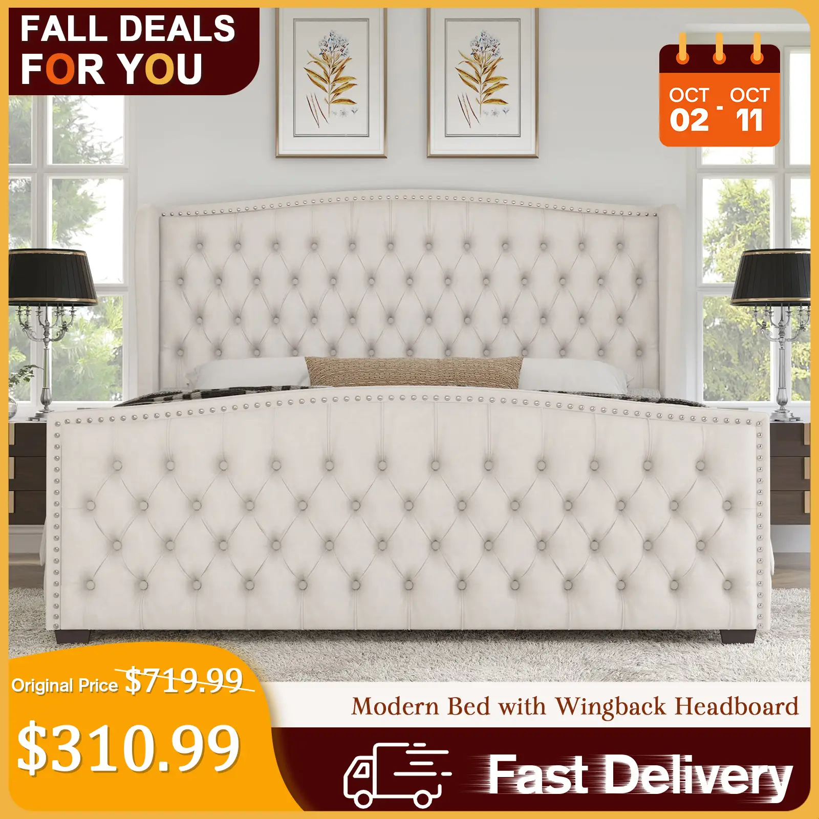 [TikTokShopfalldealsforyou]AMERLIFE Platform Bed Frame,Velvet Upholstered Bed with Deep Button Tufted &Nailhead Trim Wingback Headboard/No Box Spring