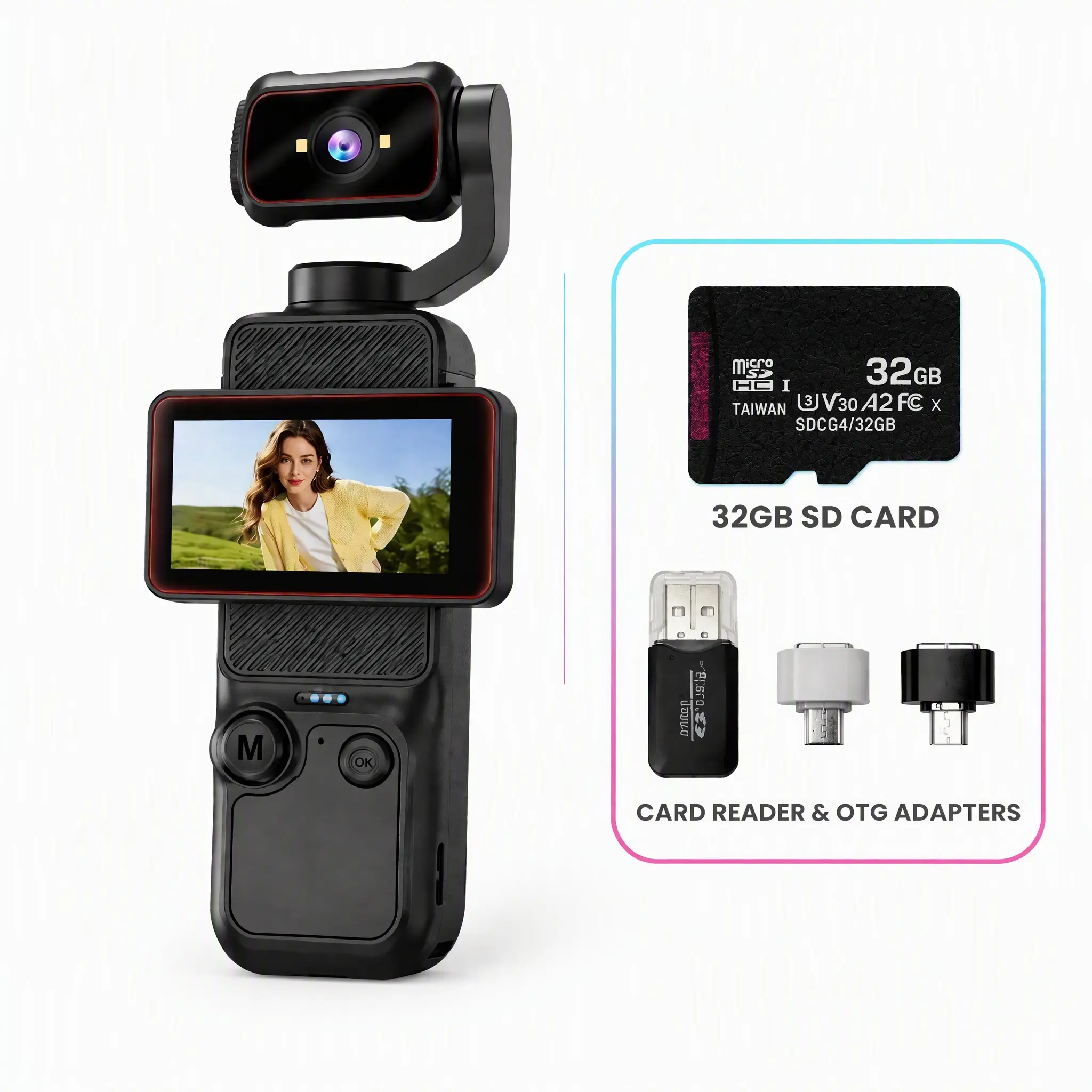 Gimbal Vlog Camera 180° Rotatable Pocket Cam with LCD Screen, Bundle with 32GB Memory Card, Card Reader & OTG Adapters for Outdoor Vlogging Compact Device