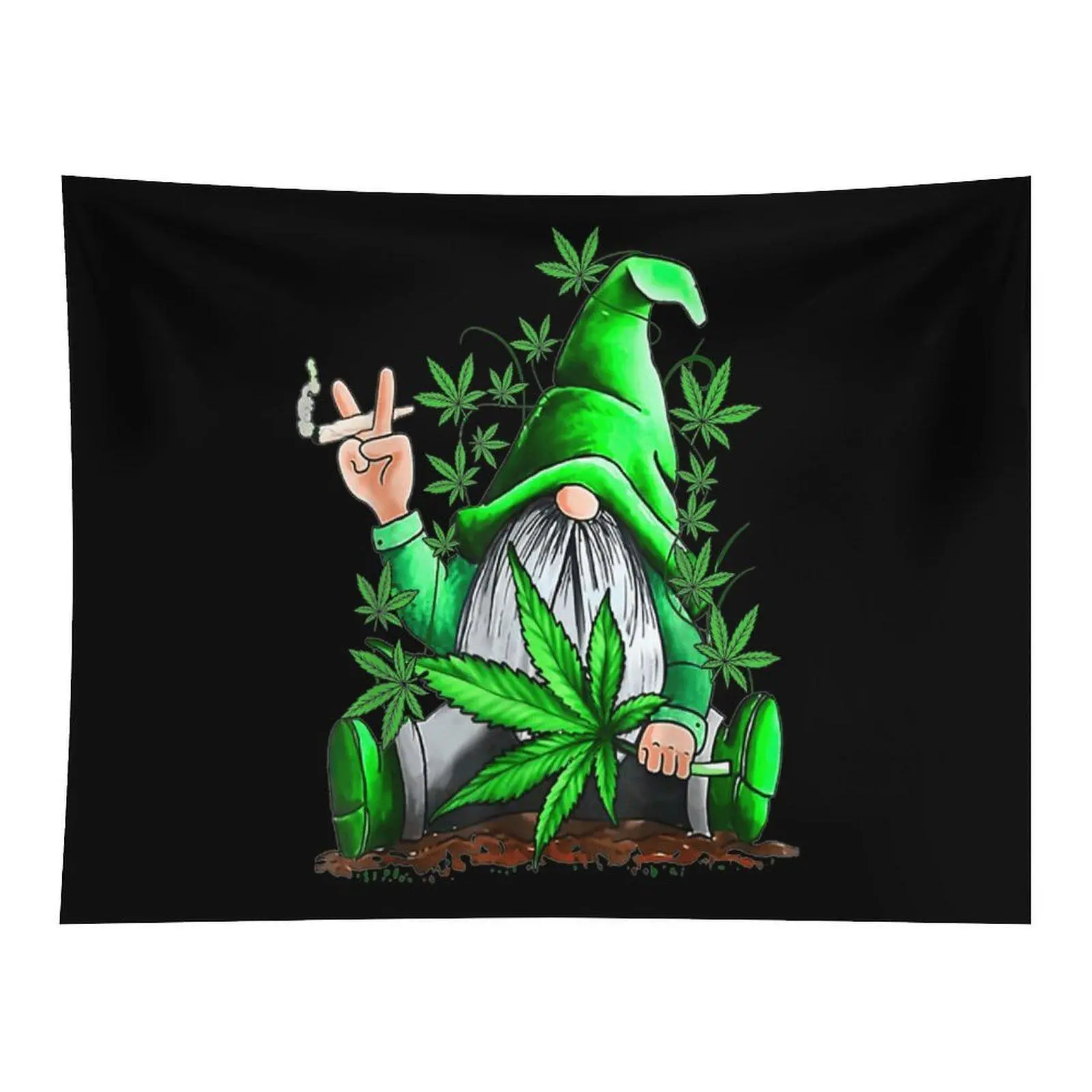 Black Background Green Gnome Smoking Joint Peace Sign Cannabis Leaf Wall Tapestry Wall Hanging, Cute Stoner Gnome Cartoon Weed Decor for Cozy Bohemian Bedroom Dorm Backdrop
