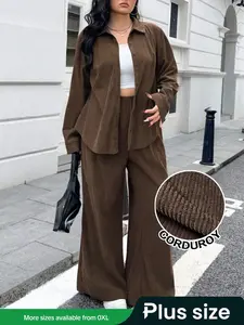 Elegant Plus Size Women's Autumn Winter Corduroy Shirt and Pants Set, Casual Long Sleeve Lapel Top, Straight Leg Pants, Home Wear