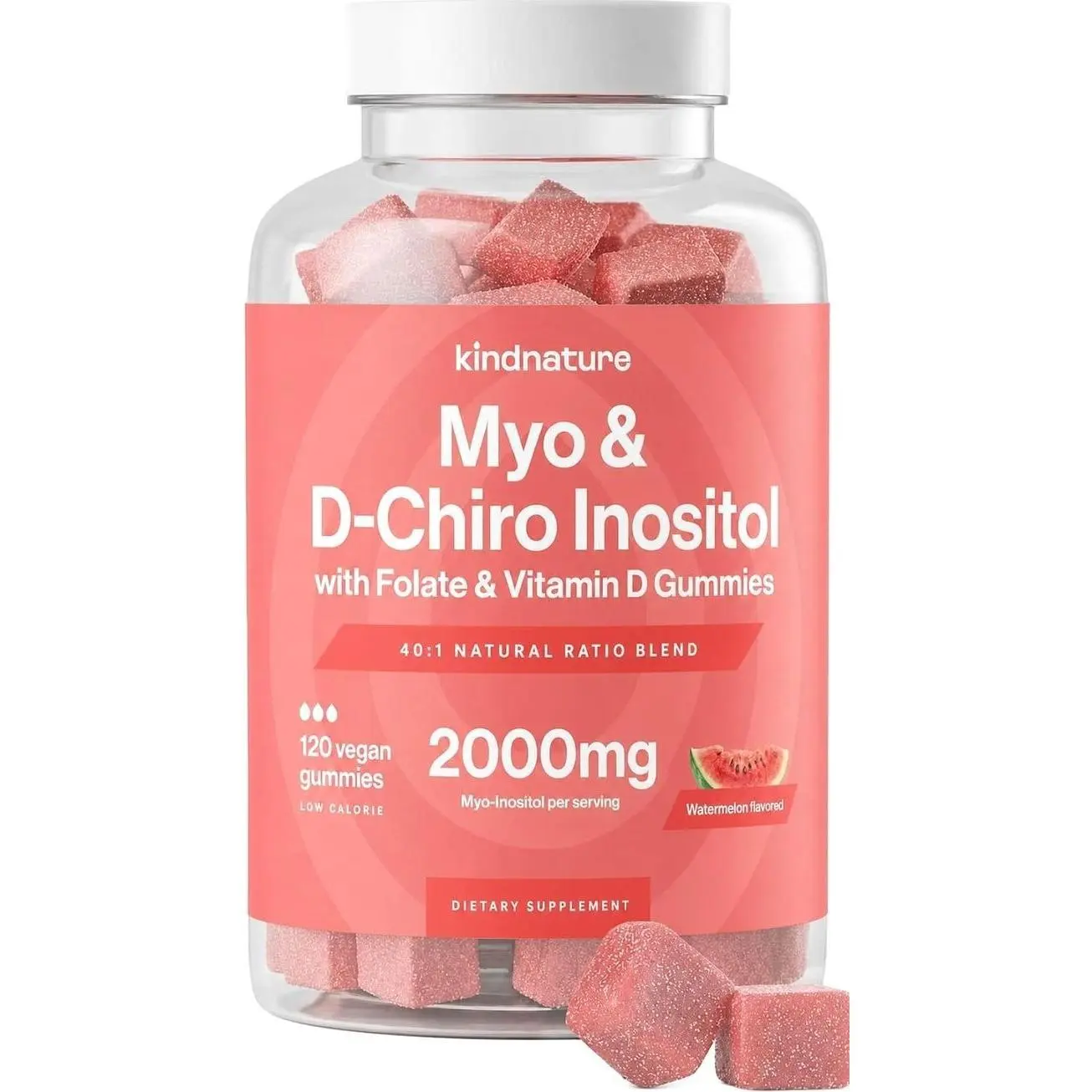 kindnature Myo-Inositol & D-Chiro Inositol Gummies for Women – 2000mg + 50mg, Ideal 40:1 Ratio – with Vitamin D & Folate – Hormone Balance & Fertility Support – Vegan, Watermelon Flavor (120 Gummies)