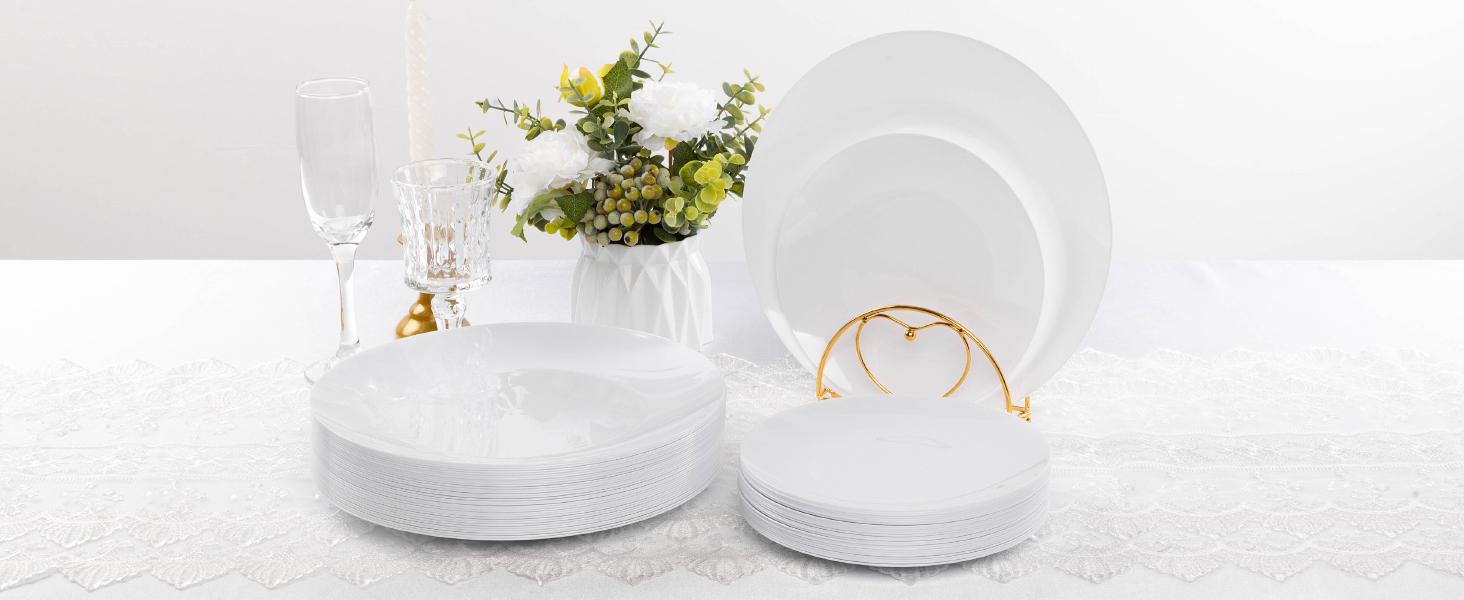 50 PCS Pink Gold Plastic Plates, Pink Disposable Plates for Party, Plastic Dinner Plates for Party, Graduation, Wedding