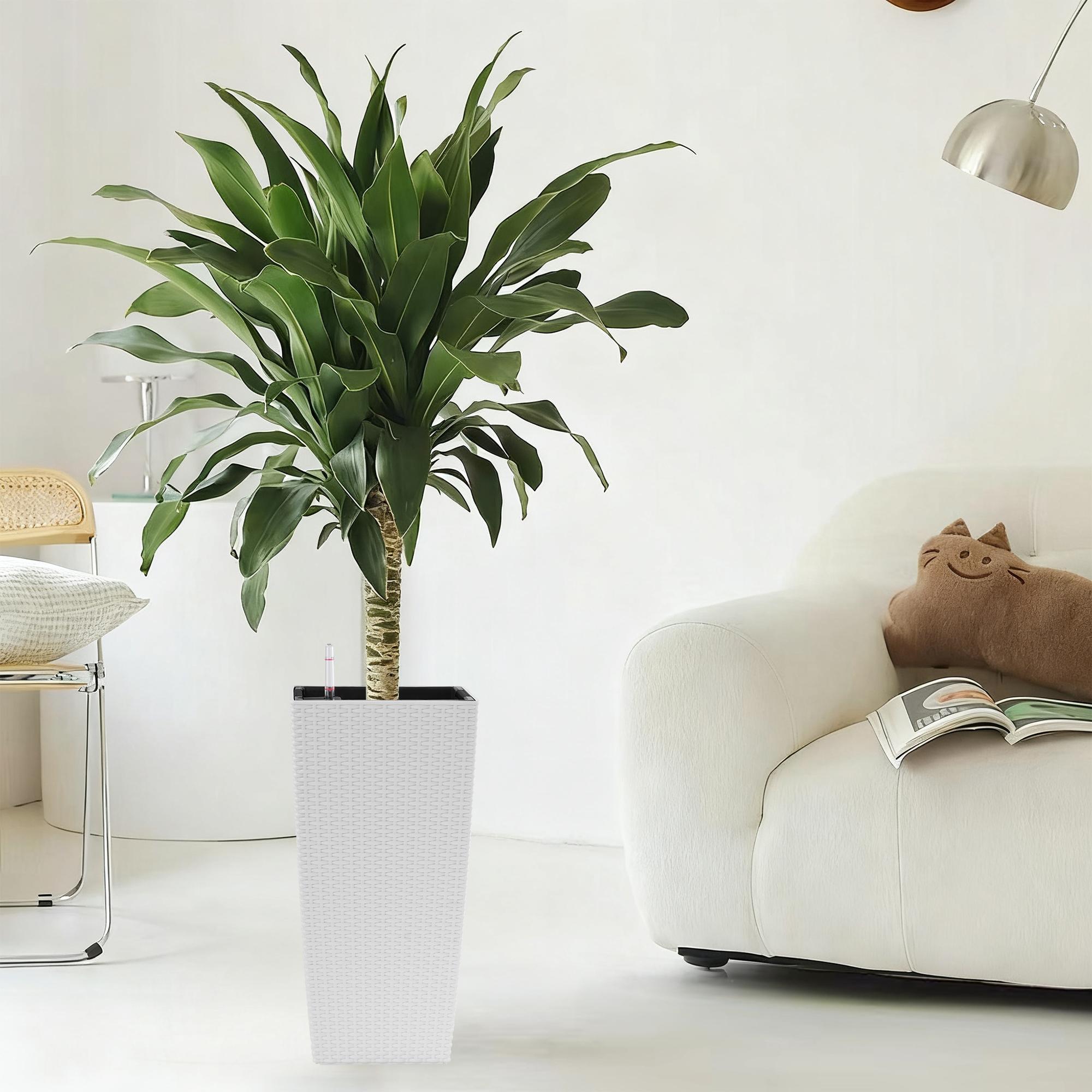 22 Inch High Pack of 2 Large Square Faux Rattan Planters, Self-Watering Flower Pots with Automatic Watering System & Drainage, Modern White Decorative Planter for Indoor Outdoor Use, Perfect for Porch, Patio, Backyard, Garden