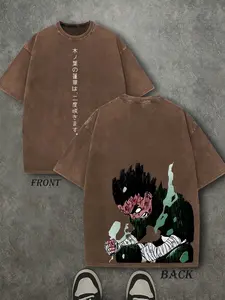 Vintage Washed Rock Lee T-Shirt | Naruto Anime Graphic Tee | "Konoha's Lotus Blooms Twice" Japanese Text | Retro Oversized Streetwear for Anime Fans | Comfortable Cotton Casual Top