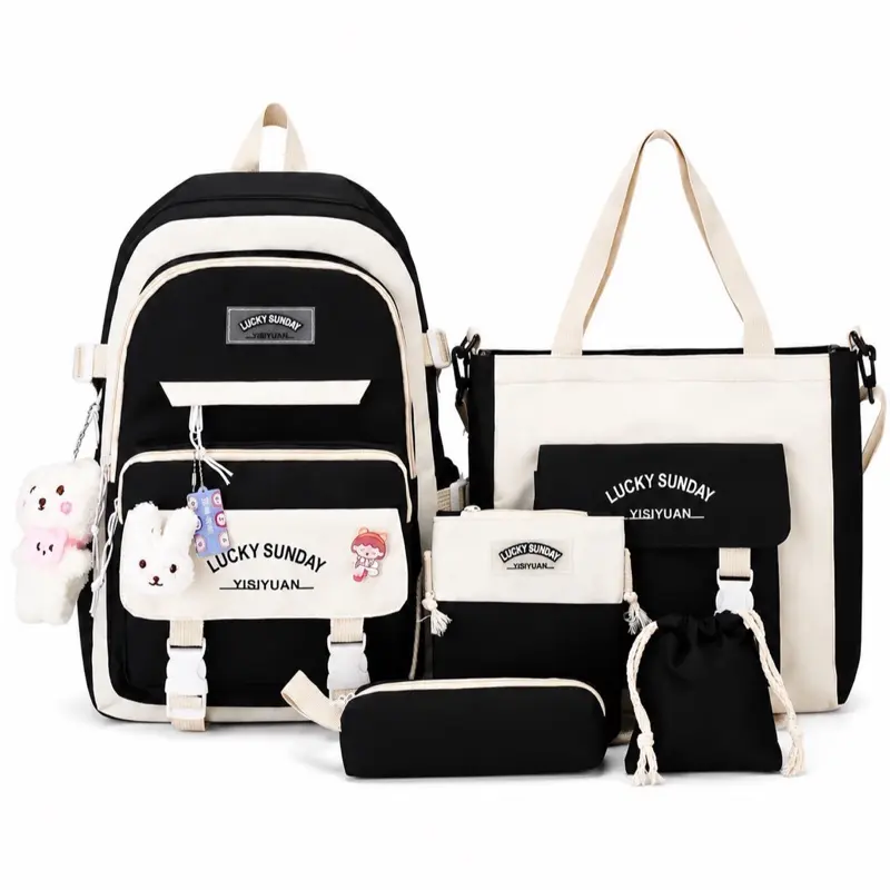 Kawaii Backpack 5pcs Set 17in Aesthetic sports bag with Cute Backpack, Shoulder Bag, Pencil Box, Tote Bag, Small Bag