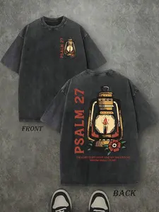 Retro Washed T-Shirt Double Sided Printed (230 Pure Cotton T-Shirt) 'PSALM 27 THE LORD IS MY LIGHT'  Letter And LIGHT Patterns Print, Men's T-Shirt, Men's Casual, Comfortable, Fashionable T-Shirt, Street Style Cotton Menswear Top