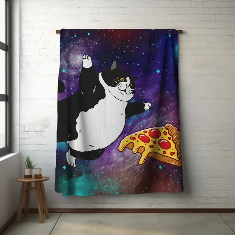 Funny Fat Cat and Pizza Space Blanket, Fat Kitty Velveteen Throw, Funny Teen Blanket, Retro Galaxy Cat Pizza Blanket, Funny Gift for Friend