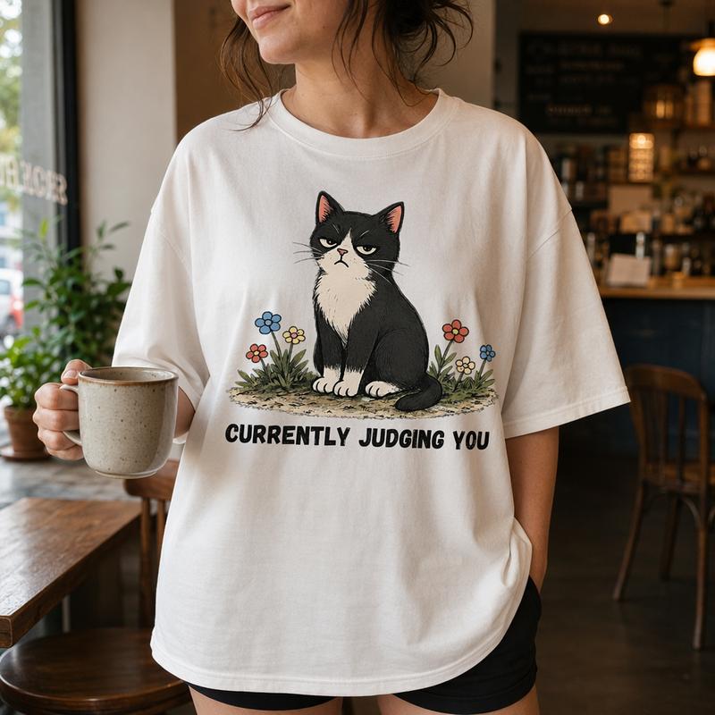Women's Plus Size Cotton Tshirt - Loose-Fit Crew Neck Short-Sleeve, Breathable Casual Top with Funny Sarcastic Grumpy Cat "Currently Judging You" Graphic Print, Floral Accents