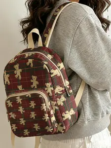 1 piece of ladies' two-shoulder bag with 2D printed bear checkered pattern, chenille texture + layered storage + light weight reduction | Suitable for students to go to class/shopping/short trips | Combines atmosphere with practicality