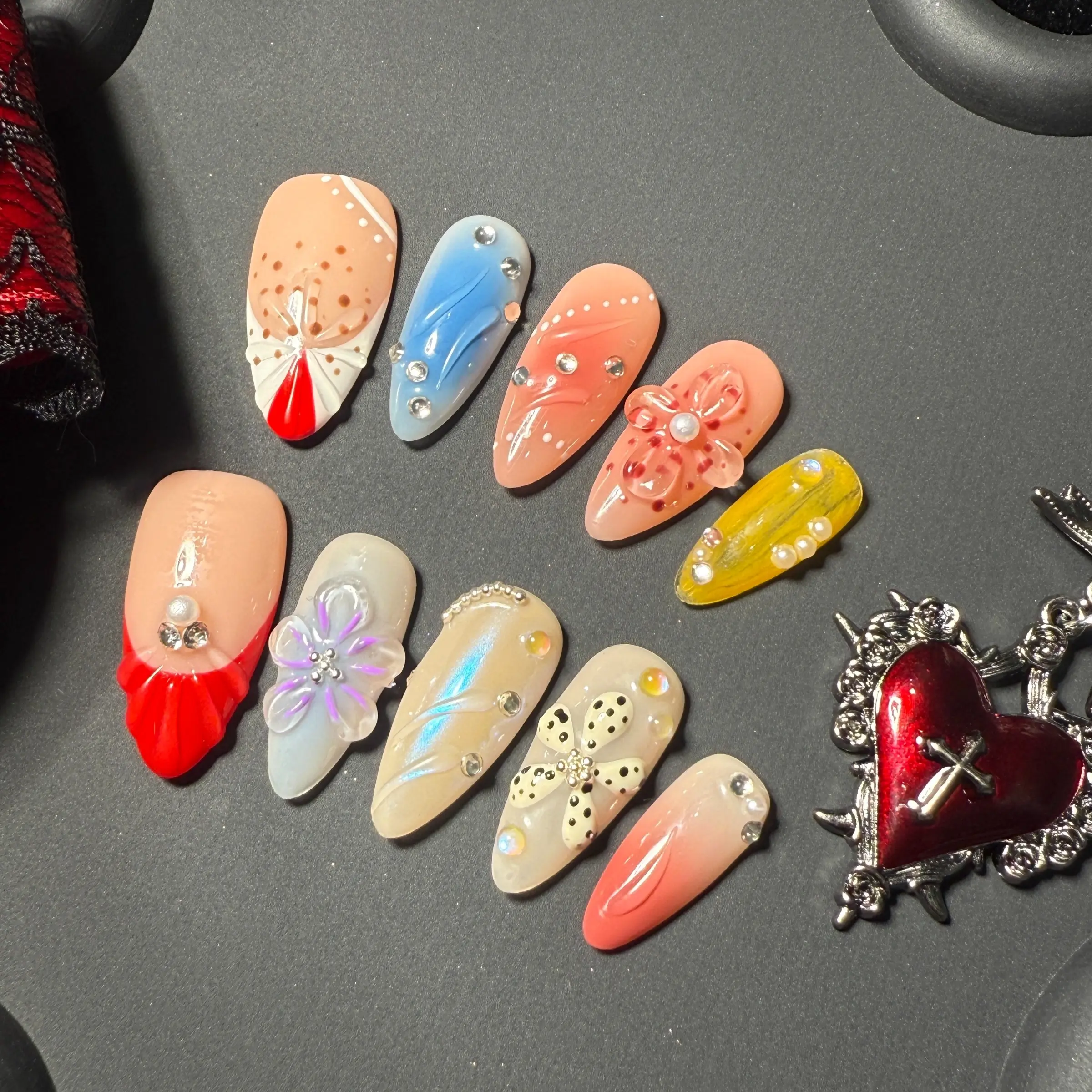 T10 10pcs Handmade Nail Art Set, French Style Almond Shape, Multicolor Designs, Includes Sanding Block & Glue, Perfect for Short Nails