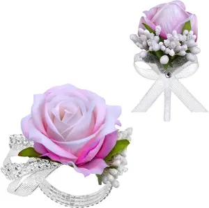 Rose 2Pcs Corsage Wristlet and Boutonniere Set, Pink Artificial Flowers for Wedding Anniversary Decorations