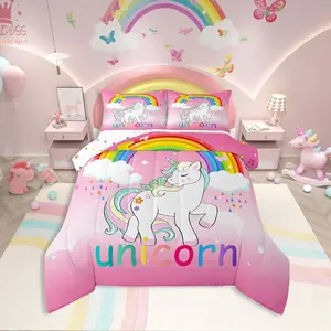 Unicorn Bedding Sets for Girls,Kawaii Rainbow Unicorn Comforter,Kids Galaxy Stars Comforter Set,Horse Floral Bedroom Decor Down Comforter