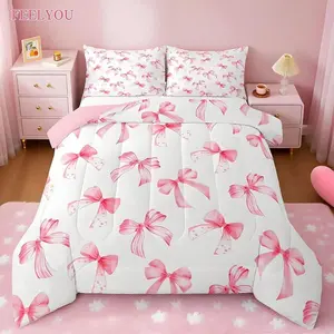 Bowknot Digital Print Quilt Set (1 Quilt + 2 Pillowcases), U-Shaped Stitching, 200gsm Filling, All-Season Use, Breathable & Soft