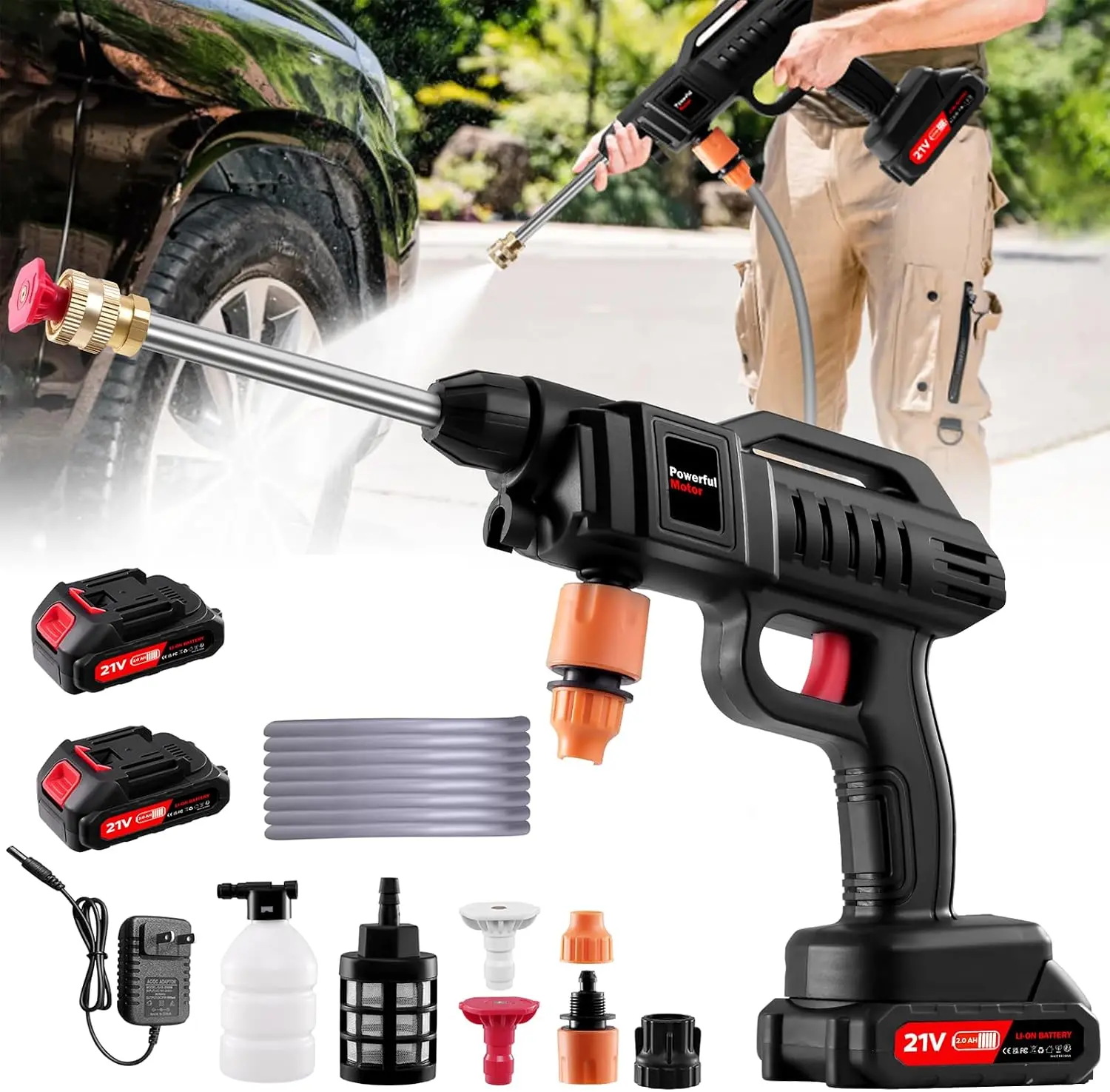 21V Pressure Washer with 2*2000mAh Battery, 1500W Pressure Washer, High Jet Washer Kit with 2 Nozzles(0°,40°), 16.4FT Hose, Connector, Foam Bottle Pressure Cleaner for Car