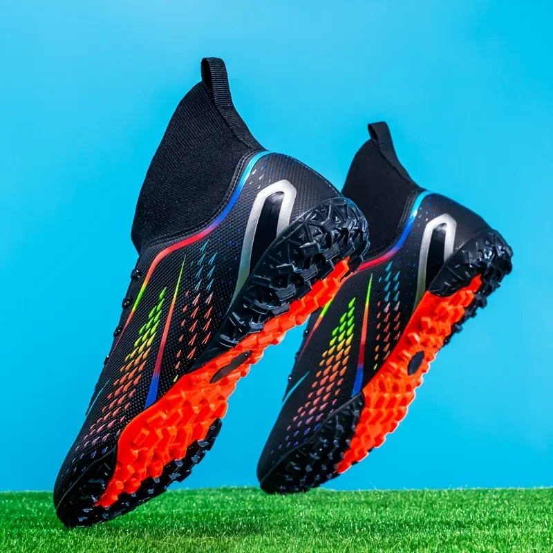 Men's High-Top Turf Soccer Shoes, Professional Outdoor Non-Slip Breathable Lace up TF Soccer Shoes, Suitable for Summer Rainy Day Training Outdoor Competition