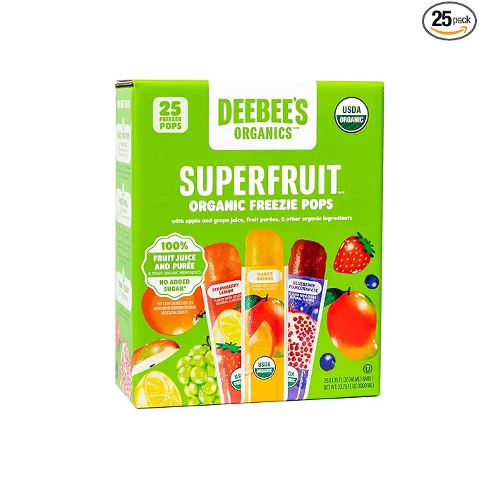 DeeBee's Organics Classic SuperFruit Freezie Pops, No Added Sugars, No Artificial Flavors or Colors Freezer Pops (Pack of 25)