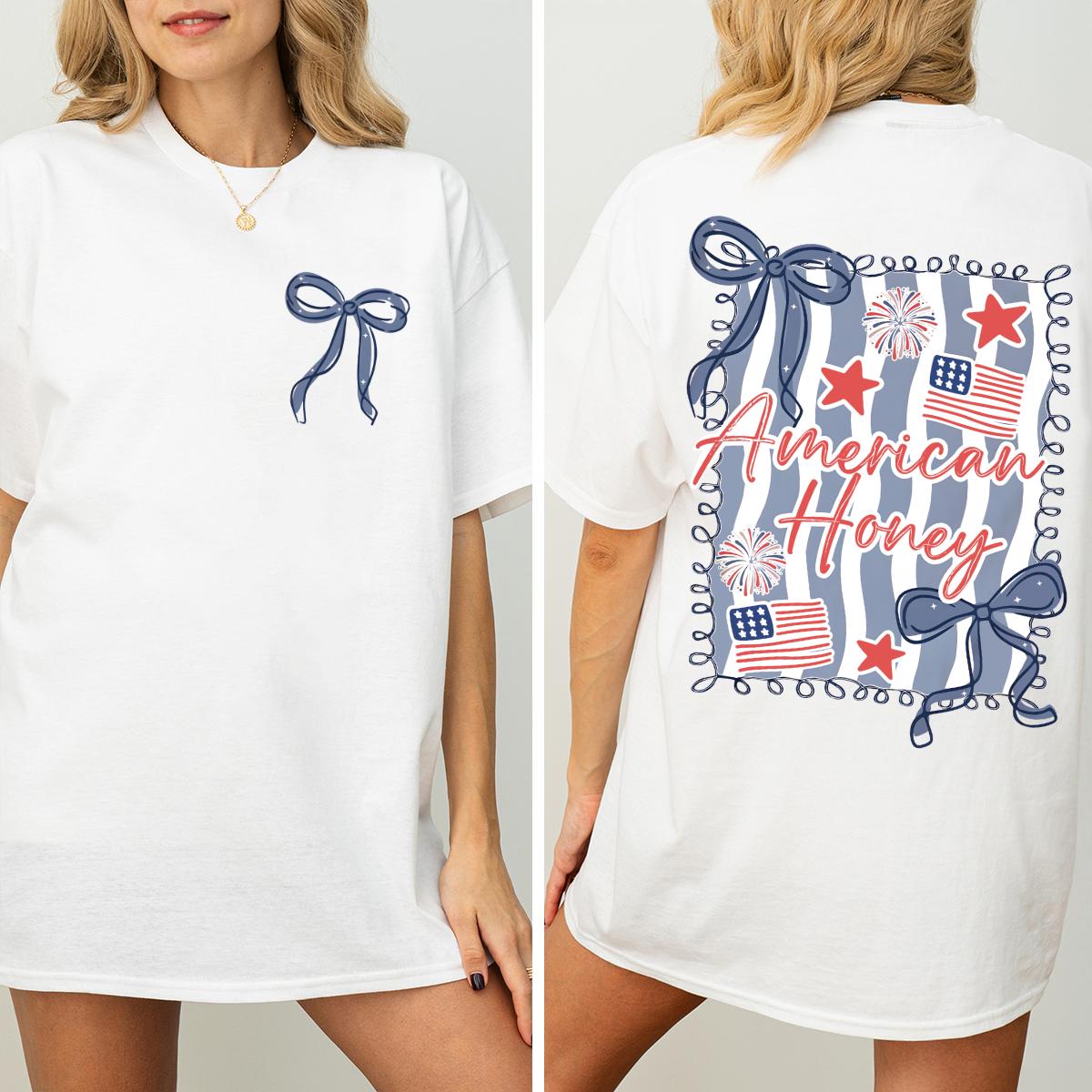 American Honey Bow T-Shirt, Patriotic USA Graphic Tee, Coquette Fourth of July Shirt, Cute Summer Streetwear Top
