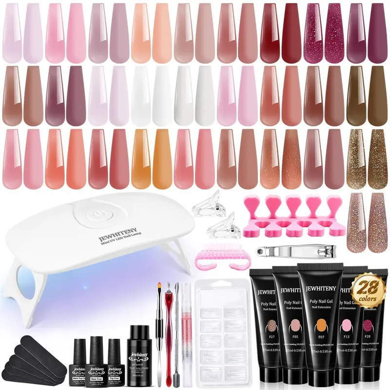 JEWHITENY Poly Extension Gel for Nail, 28 Colors Poly Gel Nail Kit With Nail Lamp Slip Solution Builder Nail Gel Trendy Nail Art Design Nail Extension Gel All In One Nail Kit Easy DIY at Home