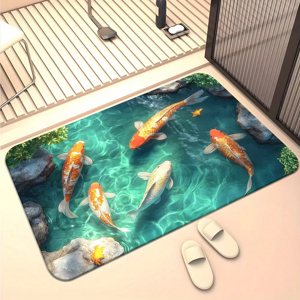 1 Piece 3D Illusion Koi Fish Pool Mat - Non-Slip, Water-Absorbent Microfiber Polyester Mat with Vibrant HD Printing, Suitable for Bathroom, Bedroom, Living Room, Entrance, Camping and Yoga, Living Room Decoration |   3D Illusion Design | Machine Washable
