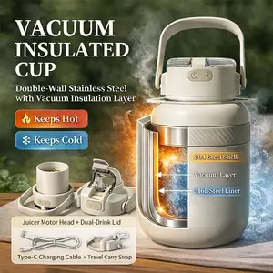 Zenpeak Portable Juicer Cup with 2 Lids, USB Rechargeable Personal Blender, Vacuum Insulated, Ice Crushing, 316L Stainless Steel Inner Liner, 304 Stainless Steel Outer Shell, Portable Strap for Kitchen, Office, Gym