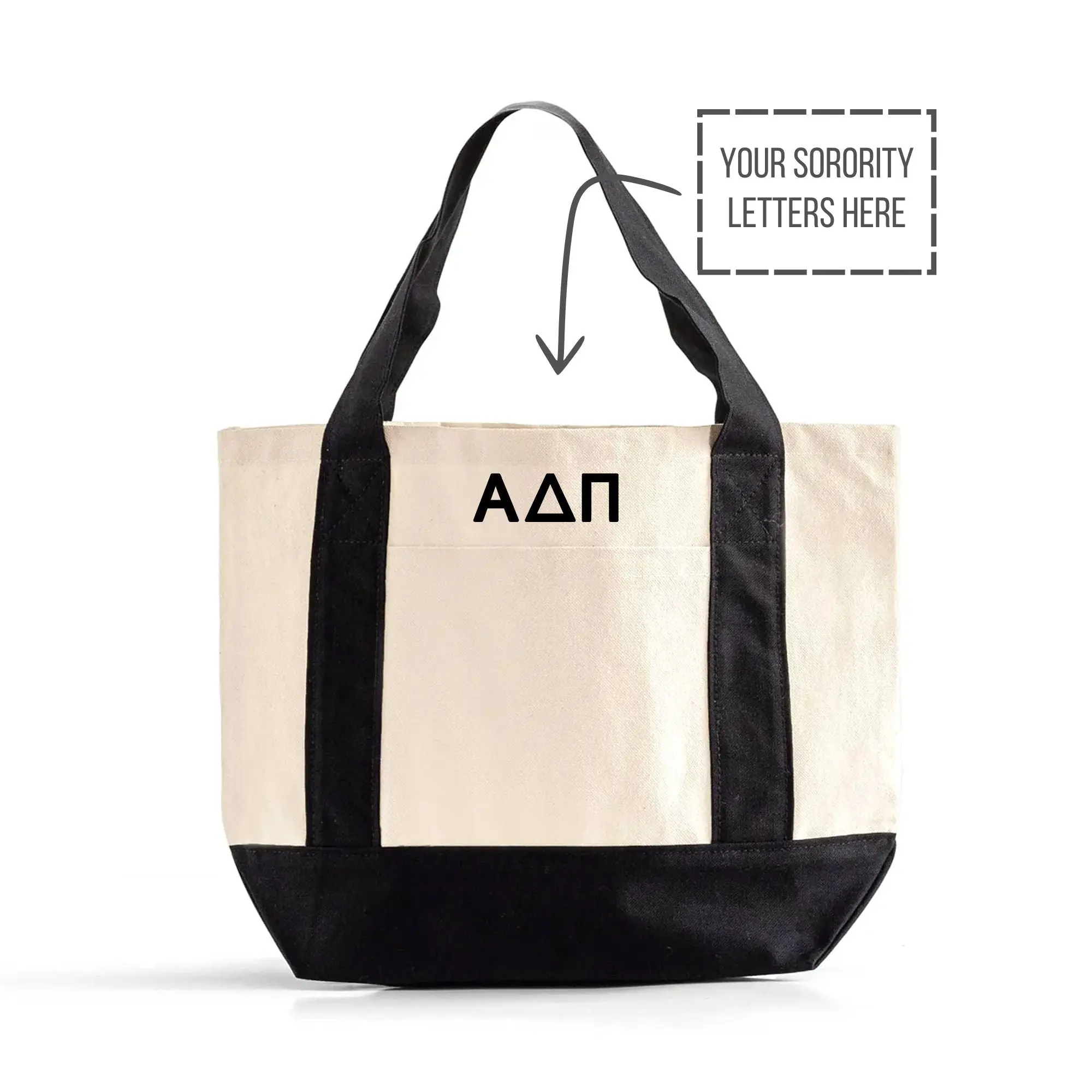 Sorority Greek Letter Mini Canvas Tote Bag | Black Trim Sorority Gift Tote