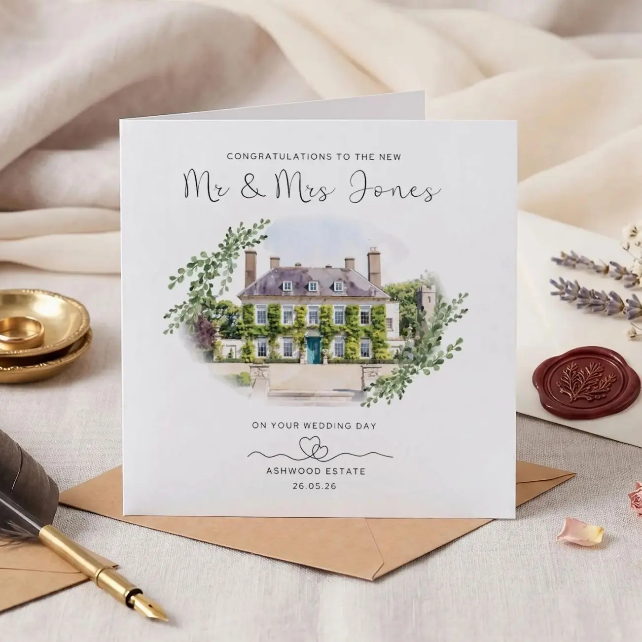 Personalized Wedding Card, Custom Couple Card, Romantic Engagement Gift, Keepsake Greeting Card for Newlyweds, Elegant Floral House Portrait