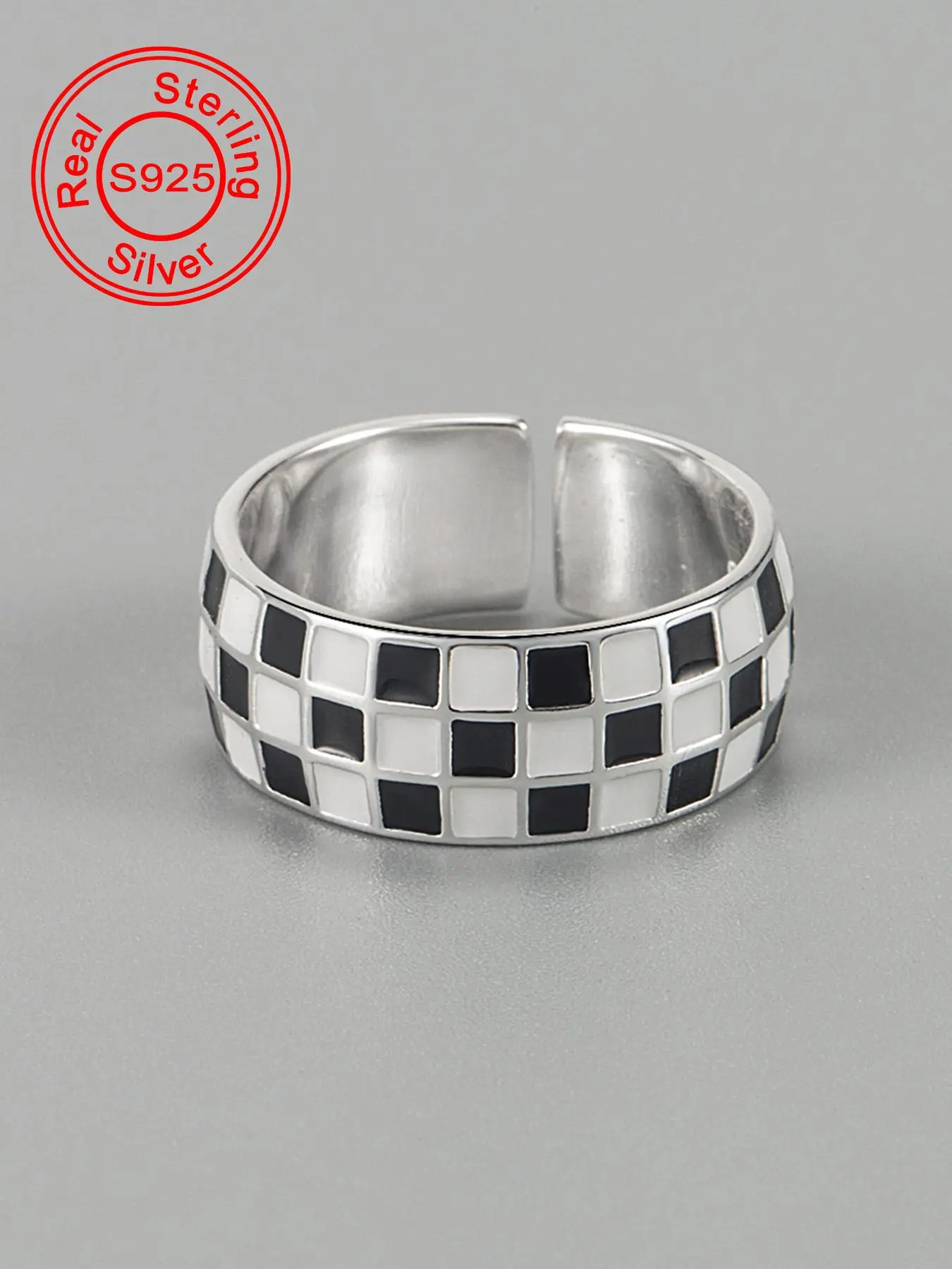 S925 Sterling Silver Fashionable Checkerboard Pattern Cuff Ring, Adjustable Open Ring for Women & Men, Trendy All-match & Exquisite Jewelry for Birthday Gift
