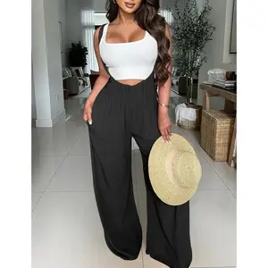 Women’s wide-leg suspender jumpsuit with drawstring tie back and pockets, casual loose fit for summer, adjustable design, day wear, solid color, linen fabric GARMENTARY